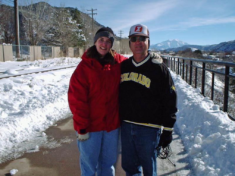 Marla and Leo having fun on a frosty walk along the Roaring Fork River trail in Glenwood Springs.