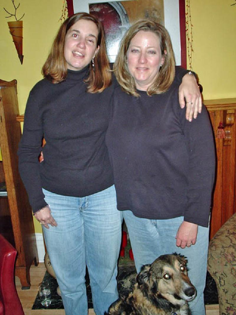 Marla and new friend Leigh Phipps sharing a laugh, with Leigh's dog, Bandit.