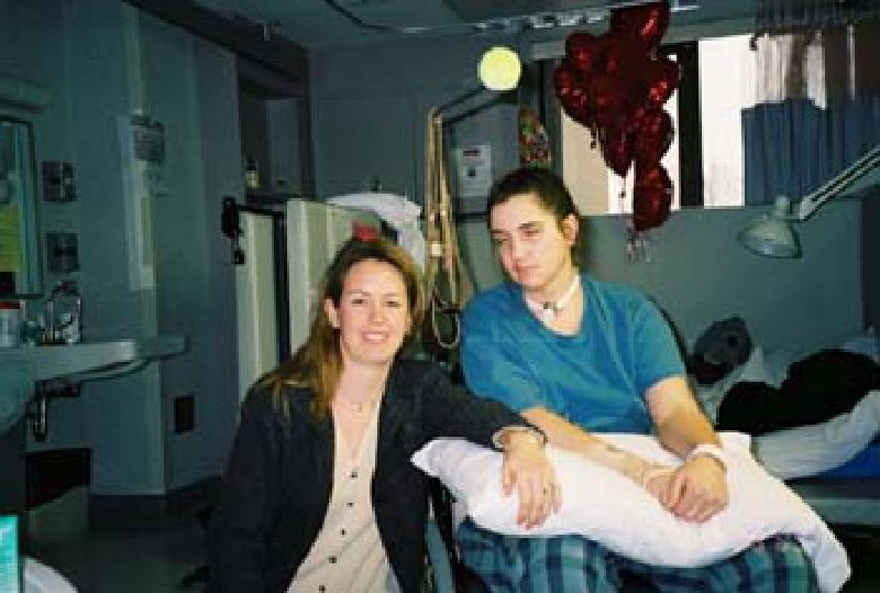 Marla enjoying a visit from Heather Schutt, who brought her the big bunch of Valentine balloons you see in the background!