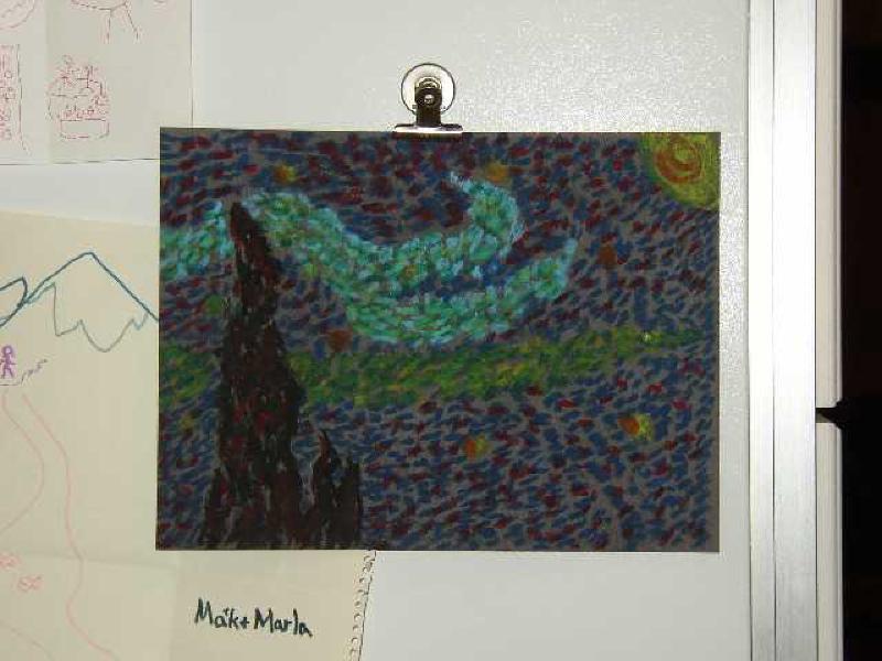 After visiting friend Steffie Brouillete's art class at Glacier Peak Elementary School, Marla got out her chalks, and sat down and produced a wonderful rendition of Van Gogh's Starry Night, of which she has a poster in her living room. Her art abilities are amazing, and left-handed! Plus great exercise for the brain.