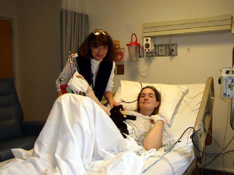 Celeste, Marla's PT at Craig Hospital, came to visit her after her surgery at Swedish. Celeste was a great help in setting up Marla's CPM (automatic range-of-motion) machine, and helped lift Marla's spirits.
