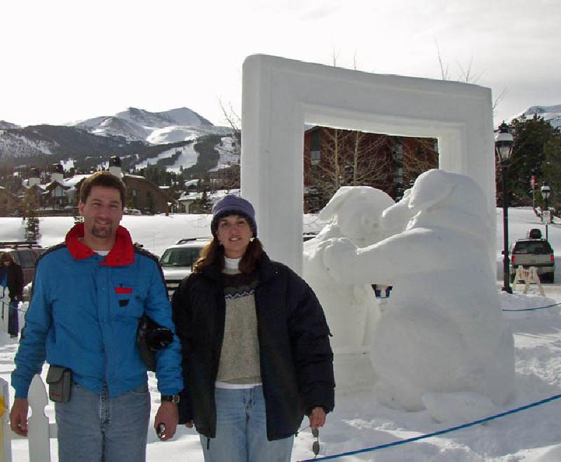 Mark and Marla touring the amazing snow sculptures at the international competition in Breckenridge. This was the winning entry, from a Breckenridge team, of a puppy playfully looking at himself in a mirror!