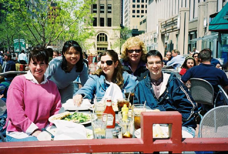 Steffie, Missy, Ann and Brandon all enjoying a sunny afternoon with Marla having lunch at the Rock Bottom Brewery along the Sixteenth Street Pedestrian Mall in downtown Denver.