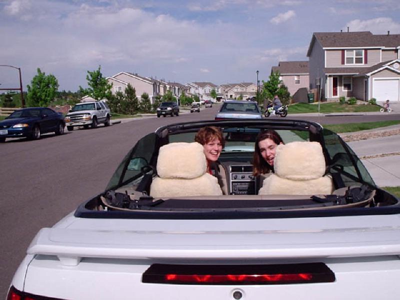 Friend Vickie Shock takes Marla for a spin in her brand-new convertible.