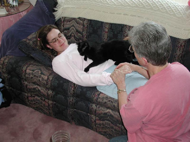 Marla, Mary and Leo drove up to Glenwood Springs on May 7th, for a weekend at home. Marla's cat Puck, who has been staying in Glenwood Springs, gets to snuggle with her for the first time since her accident. He seems to be quite happy to see her!