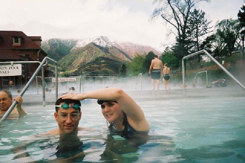 Marla gives brother Mark a well-deserved dunking while swimming at the Hot Springs Pool in Glenwood on a snowy Friday.