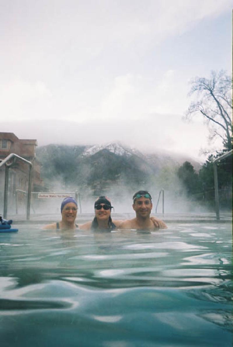 Marla enjoys the 104 degree warmth of the hot pool with Mary and Mark on a snowy May morning.