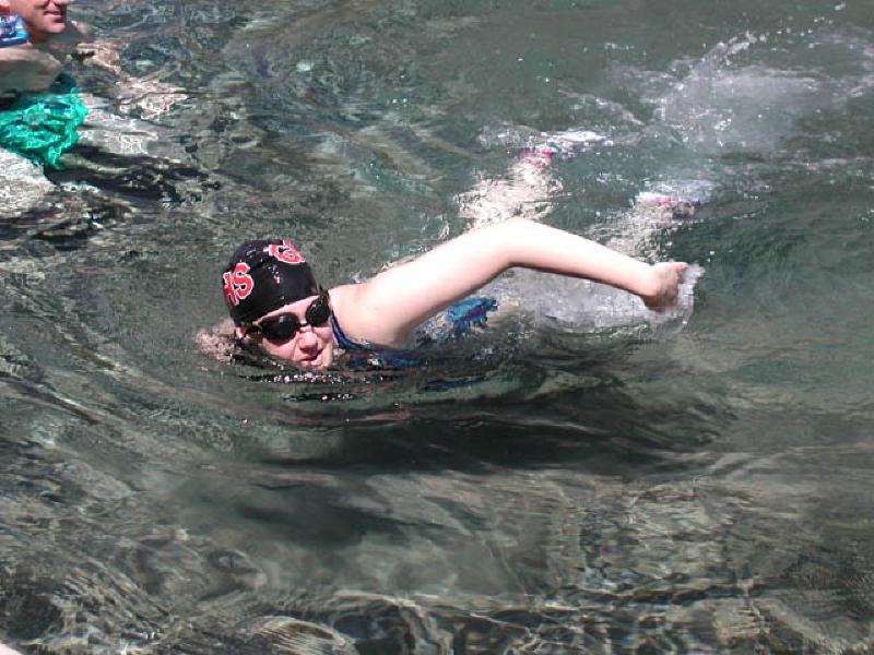 Marla shows her artful technique swimming freestyle. All in all, she did over 4 laps (from wall to wall of the pool!