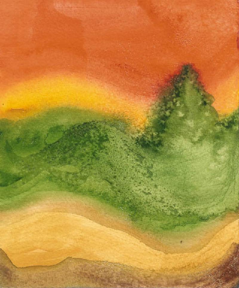 Marla's stunning watercolor rendering of a sunset in the mountains.