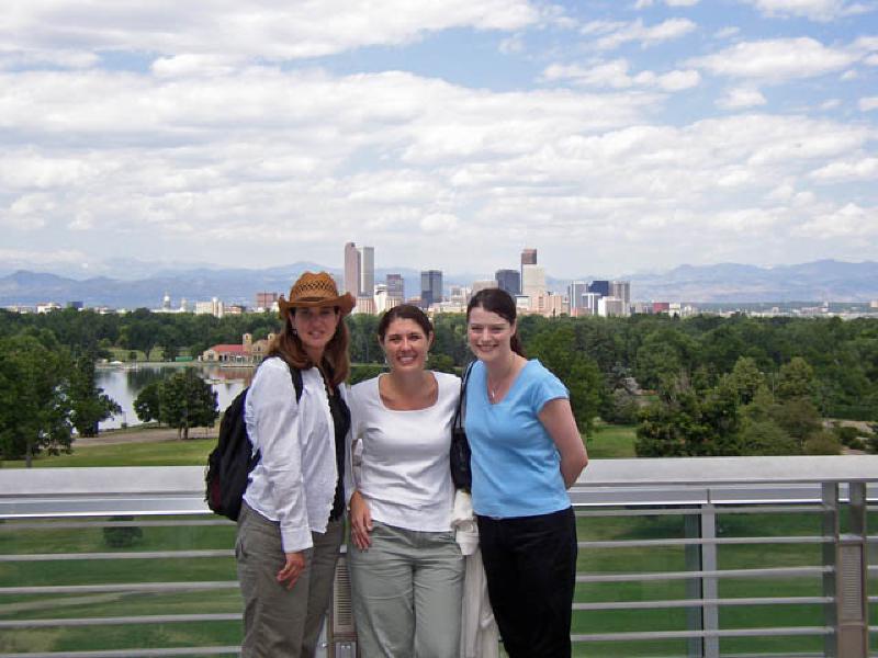 A sweeping view of the Denver skyline from the balcony of the Denver Museum of Nature and Science, with friends Loril Gossett and Amy Taylor, from college.