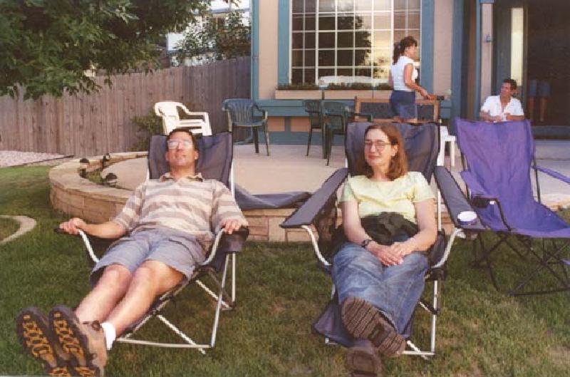 Marla and Mark waiting in comfort on Steffie's front lawn for the fireworks to commence.