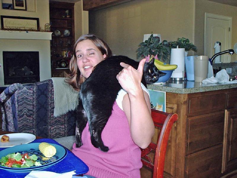 Puck has found the perfect spot to share with Marla during dinner.