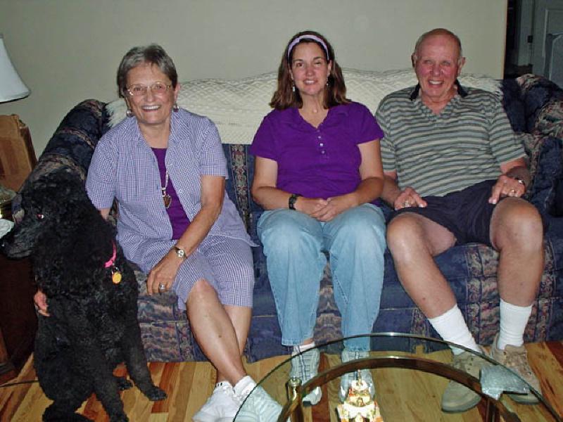 Marla's Aunt Anita, Uncle Ray, and their dog Raven visiting Mary and Leo's new home in New Castle.
