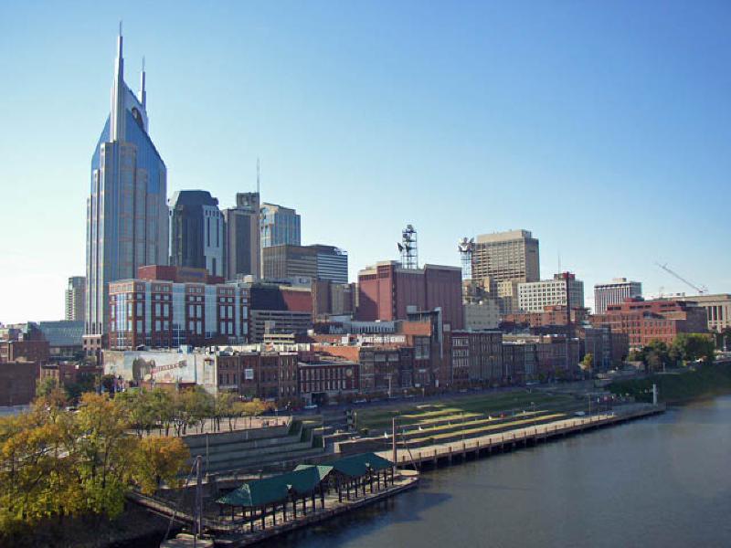 A view of the downtown Nashville skyline and the Cumberland River.