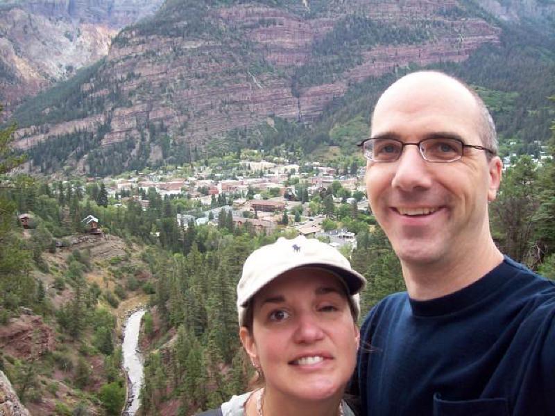 Marla and fiancÃ© Mark Townsley enjoy the view of Ouray from Box Canyon.