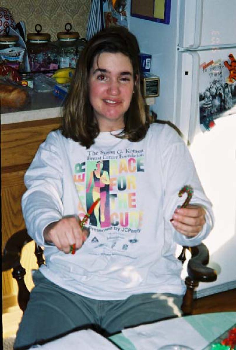 Marla shows off some crafted holiday candy cane decorations that she made with some clever beads and pipe fittings that family friend Liz Beerman gave to her.