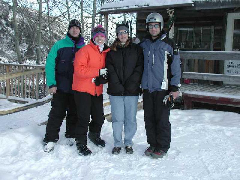 A cold winter day at Sunlight Ski Resort found Marla dropping in for lunch with cousin Nicole, her husband Nick (far left), and brother Mark, during a day of skiing.