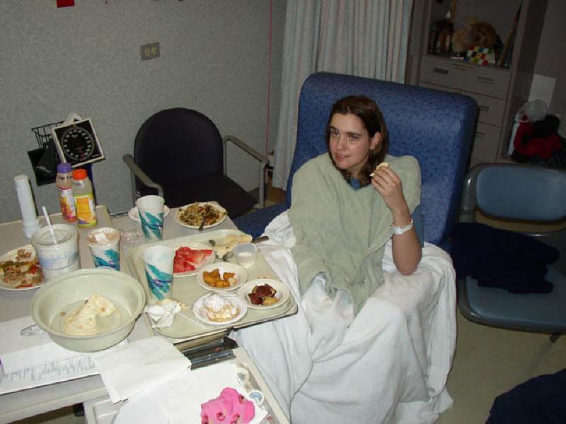 Marla is finally enjoying some real food. Her menu tonight after the outing includes: chicken fajitas, baked potatoes, watermelon, minestrone soup, and battered cauliflower.